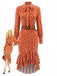 Robe Midi Orange à Imprimé Léopard, Volants et Ceinture Années 1970 - 1