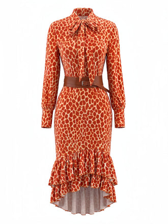 Robe Midi Orange à Imprimé Léopard, Volants et Ceinture Années 1970 - 2
