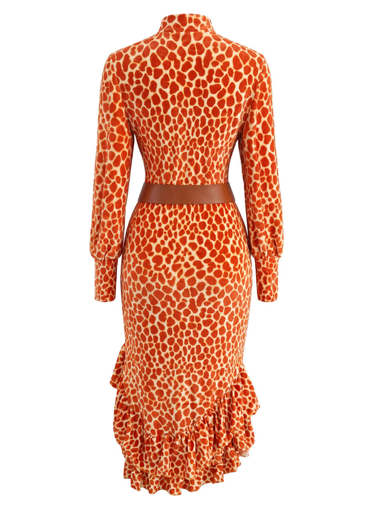 Robe Midi Orange à Imprimé Léopard, Volants et Ceinture Années 1970 - 3
