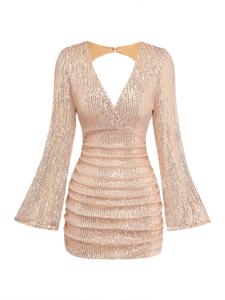 Robe moulante à sequins, col V, dos nu et fronces Années 1960 - 2
