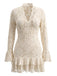 Robe moulante en dentelle à col V, manches longues et ourlet volanté années 1970 - 1