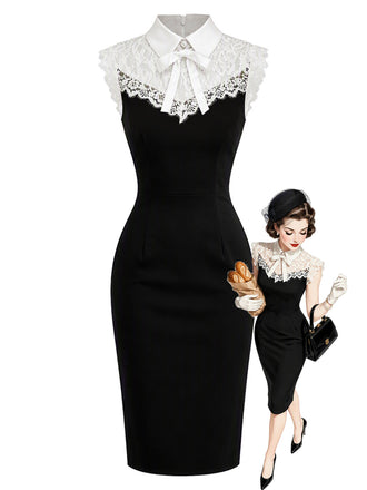 [Prévente] Robe moulante en dentelle florale à col rabattu et nœud années 1960 - 1