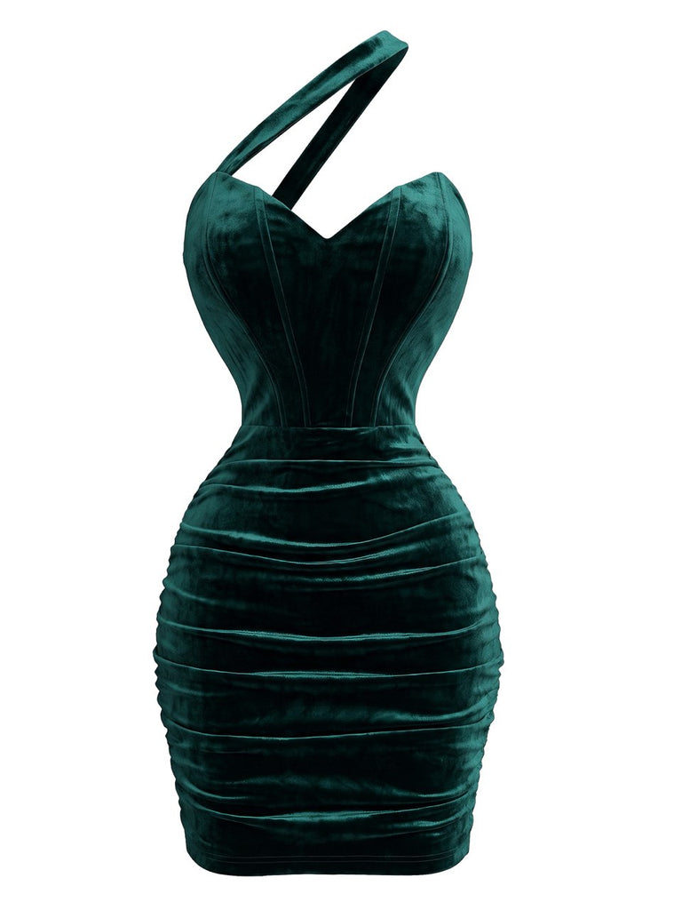 Robe Moulante Froncée en Velours à Épaule Asymétrique Années 1960 - 1