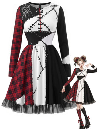 [Prévente] Robe multicolore à imprimé patchwork à carreaux et bordure en tulle Années 1970 - 1
