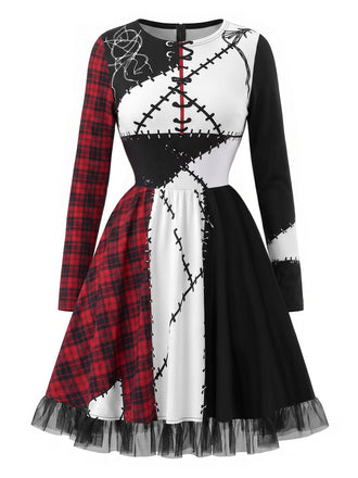 [Prévente] Robe multicolore à imprimé patchwork à carreaux et bordure en tulle Années 1970 - 2
