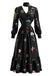 Robe Noire Fleurie à Col V, Manches Longues et Foulard Années 1950 - 1