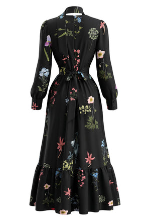 Robe Noire Fleurie à Col V, Manches Longues et Foulard Années 1950 - 2