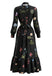 Robe Noire Fleurie à Col V, Manches Longues et Foulard Années 1950 - 2
