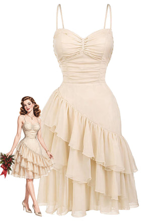 [Prévente] Robe nuisette beige froncée à volants et ourlet asymétrique années 1930 - 1