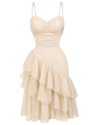 [Prévente] Robe nuisette beige froncée à volants et ourlet asymétrique années 1930 - 2