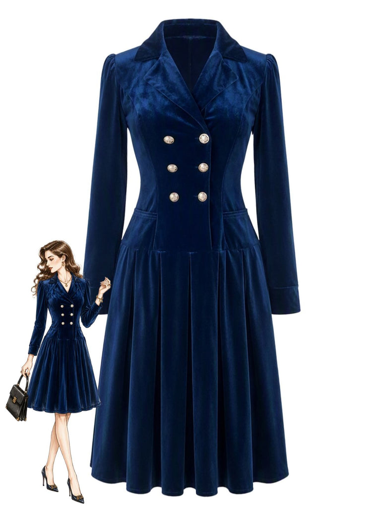 Robe plissée bleu marine en velours à col revers et double boutonnage Années 1950 - 1