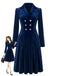 Robe plissée bleu marine en velours à col revers et double boutonnage Années 1950 - 1