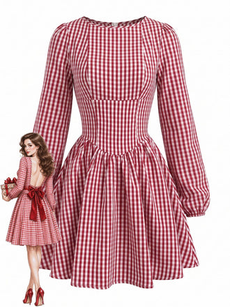 Robe rouge à carreaux vichy, taille empire et dos nu à nœud années 1960 - 1