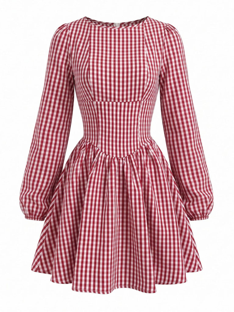 Robe rouge à carreaux vichy, taille empire et dos nu à nœud années 1960 - 2