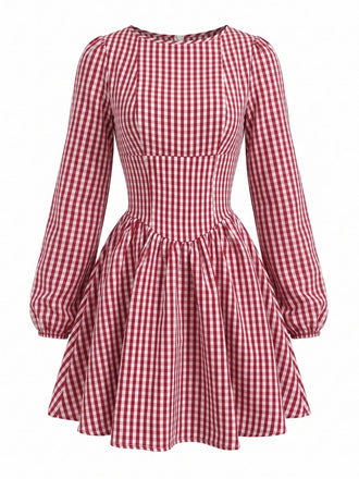 Robe rouge à carreaux vichy, taille empire et dos nu à nœud années 1960 - 2