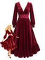 Robe Rouge en Velours à Col V Taille en Dentelle et Volants Années 1950