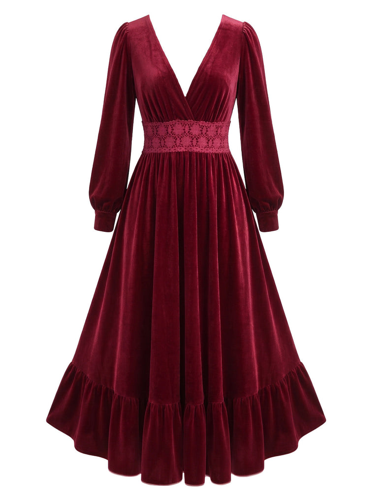 Robe Rouge en Velours à Col V, Taille en Dentelle et Volants Années 1950 - 2