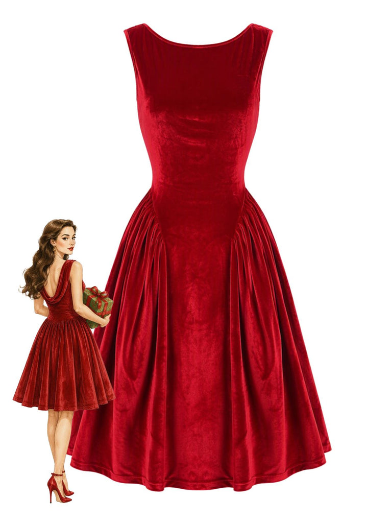 Robe rouge sans manches en velours à dos drapé années 1950 - 1