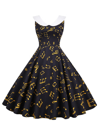 Robe Sans Manches à Col Claudine et Motif Notes de Musique Années 1950 - 2
