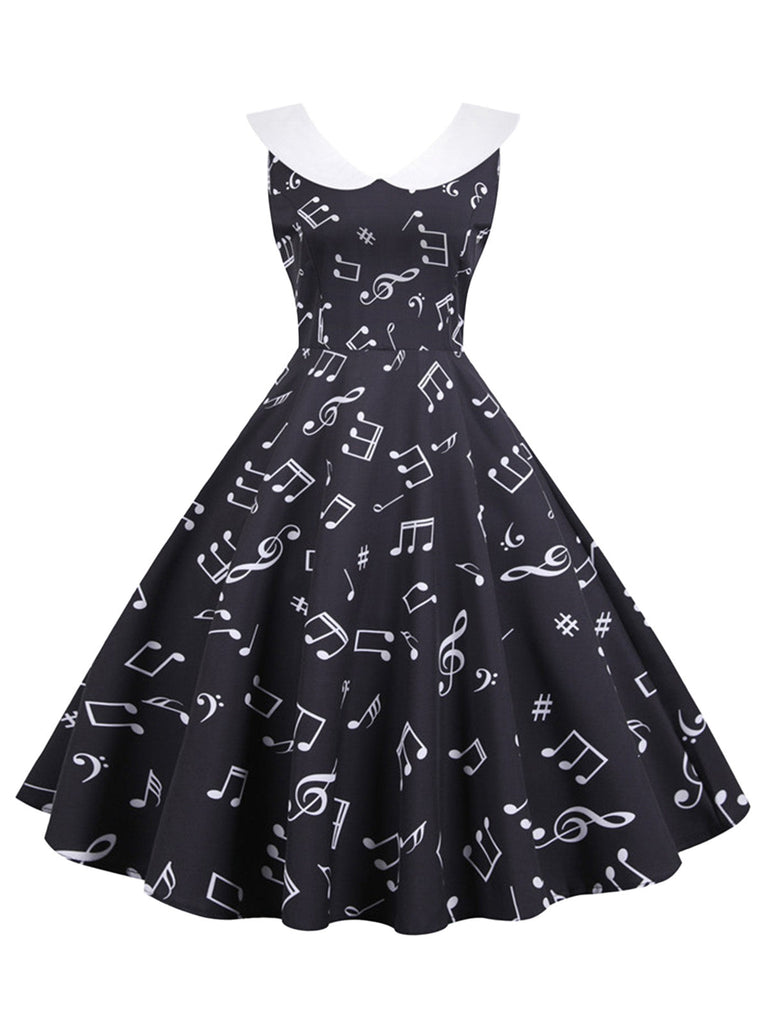 Robe Sans Manches à Col Claudine et Motif Notes de Musique Années 1950 - 6