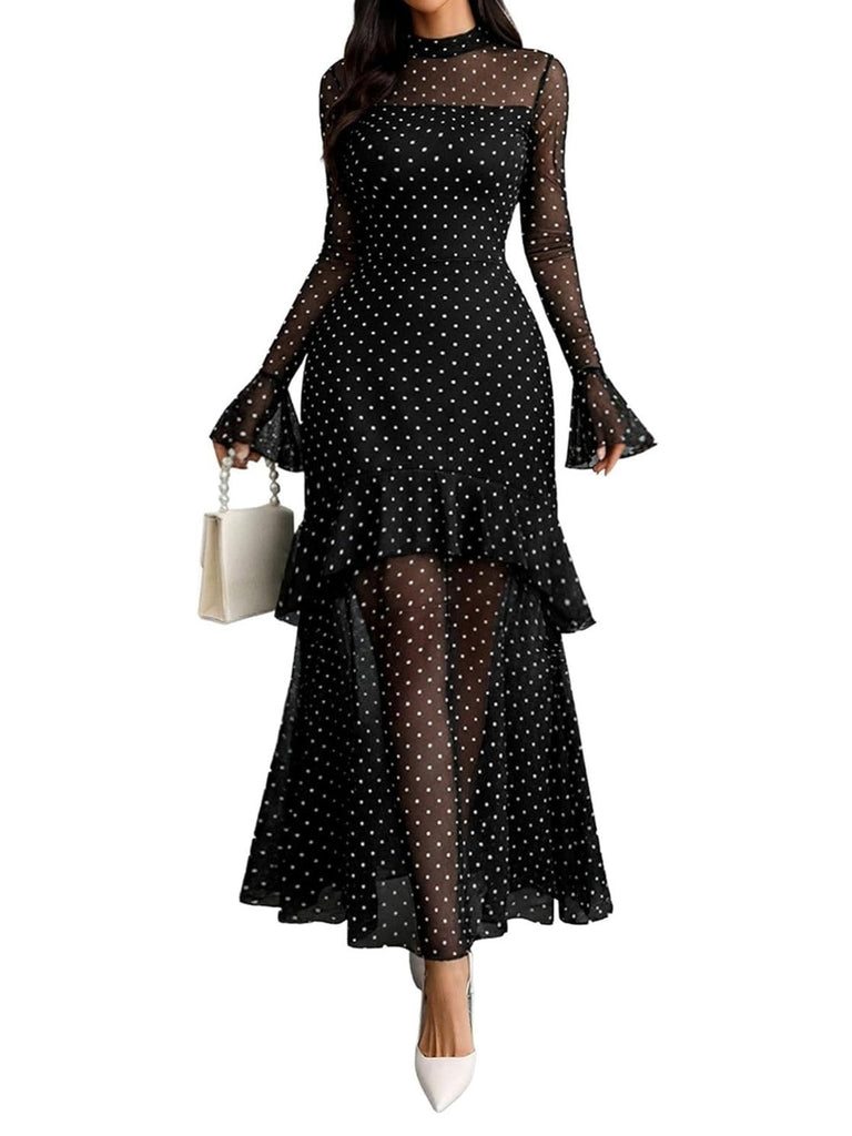 Robe sirène à volants étagés et manches évasées transparentes années 1930 - 2