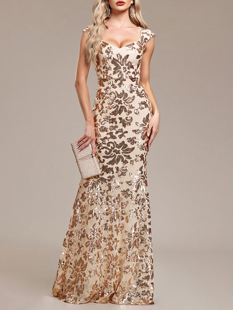Robe sirène dorée à sequins floraux et manches courtes années 1920 - 1