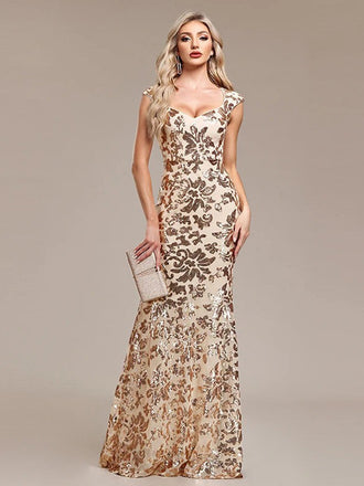 Robe sirène dorée à sequins floraux et manches courtes années 1920 - 4