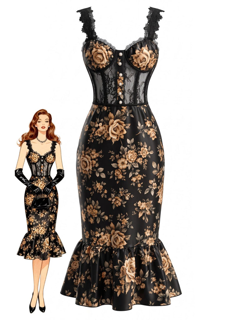 Robe sirène en tulle floral à corset et bretelles en dentelle Années 1930 - 1