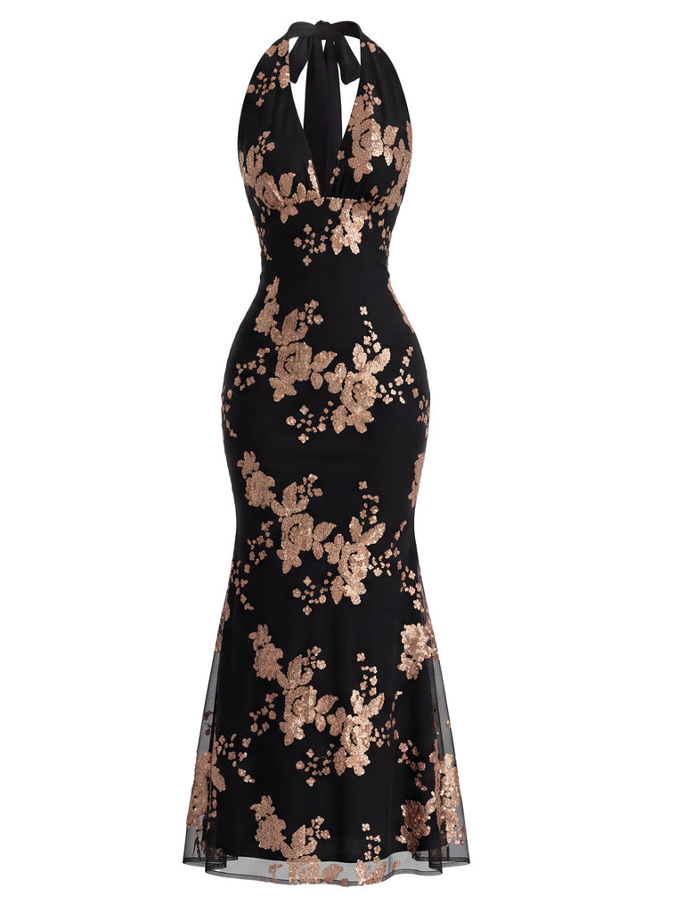 Robe Sirène Noire Gatsby à Paillettes Florales et Col Halter Années 1920 - 1