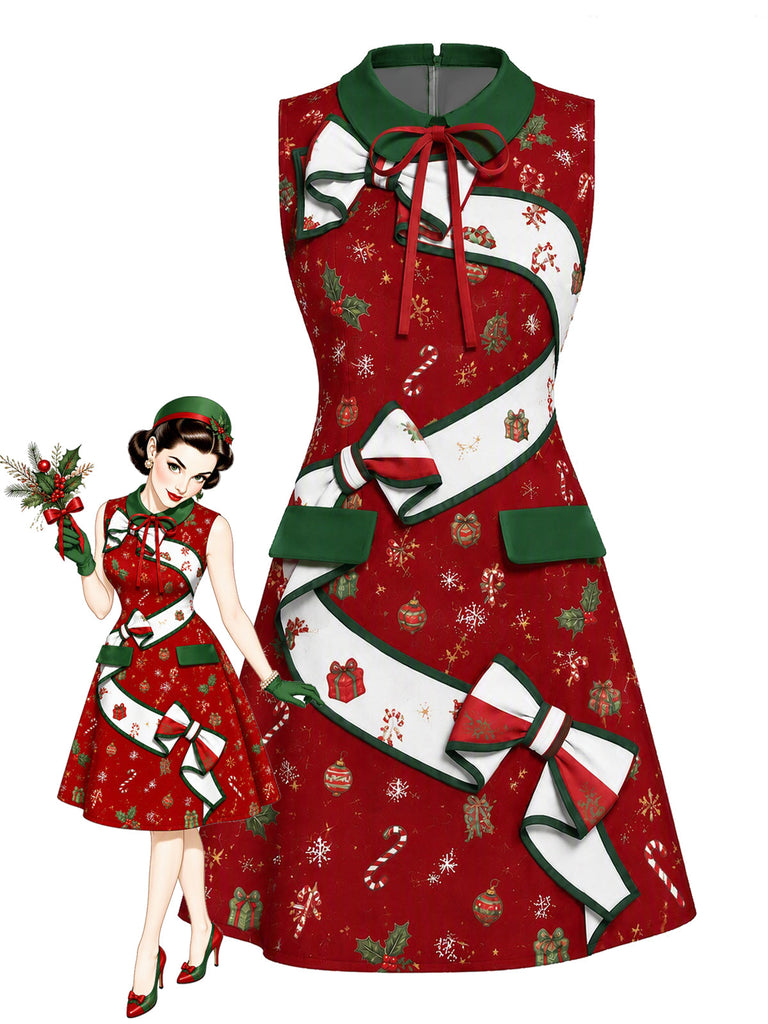 [Prévente] Robe trapèze sans manches à imprimé de Noël et nœud Années 1960 - 1