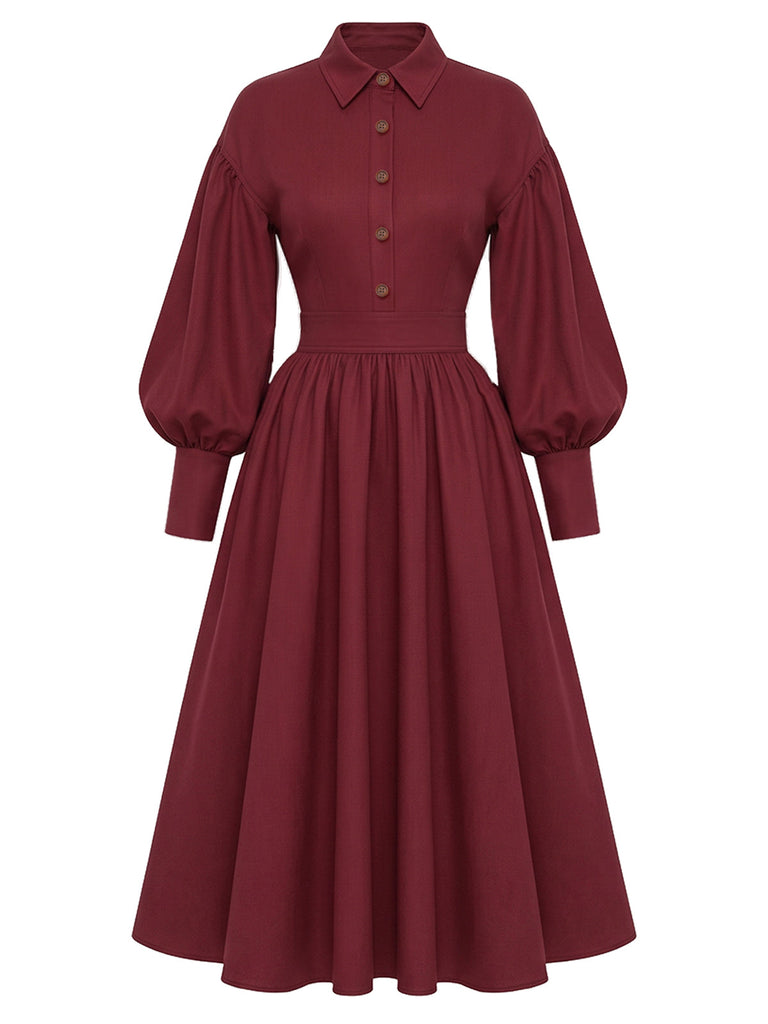 [Prévente] Robe Unie Bordeaux à Col Chemise et Manches Lanternes Années 1950 - 2