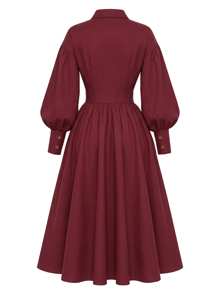 [Prévente] Robe Unie Bordeaux à Col Chemise et Manches Lanternes Années 1950 - 3