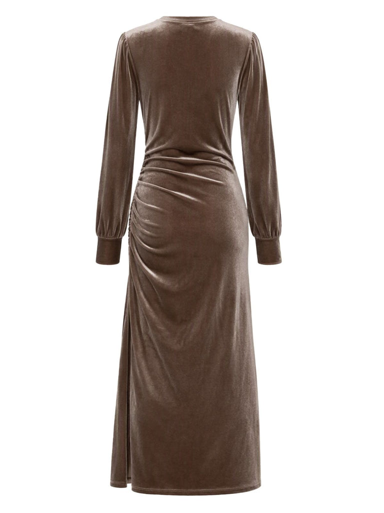 Robe unie en velours à manches longues, fronces et fente Années 1970 - 4