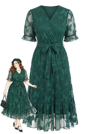 [Grande Taille] Robe vert foncé à dentelle papillons, col V et ceinture Années 1950 - 1