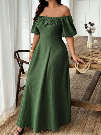 [Grande Taille] Robe Vert Foncé Fleurie à Épaules Dénudées Années 1950 - 1