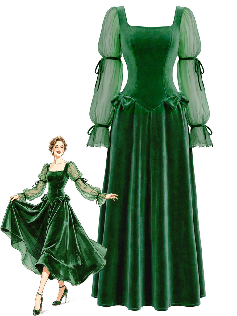 [Prévente] Robe vert lac en velours à manches en mousseline et nœud années 1930 - 1