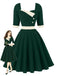 Robe verte à empiècements contrastants, col carré et manches mi-longues Années 1950 - 1