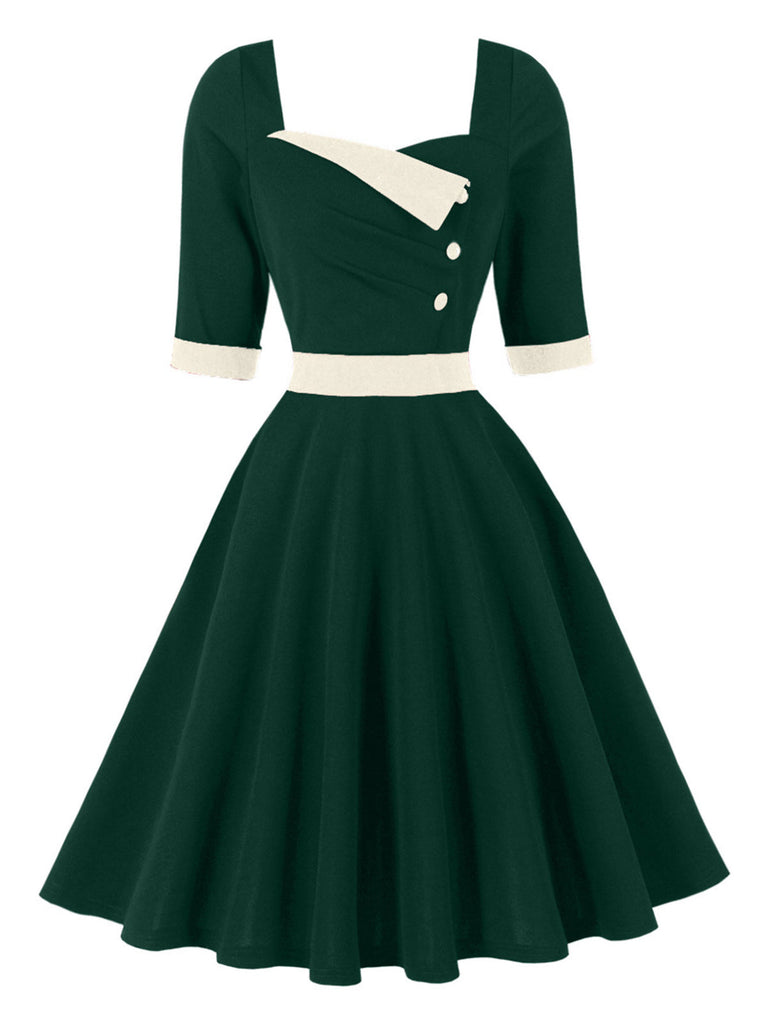 Robe verte à empiècements contrastants, col carré et manches mi-longues Années 1950 - 2