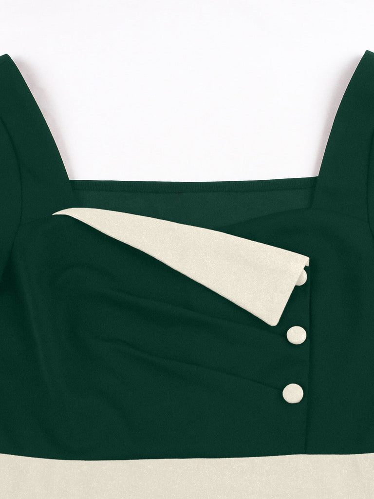 Robe verte à empiècements contrastants, col carré et manches mi-longues Années 1950 - 5