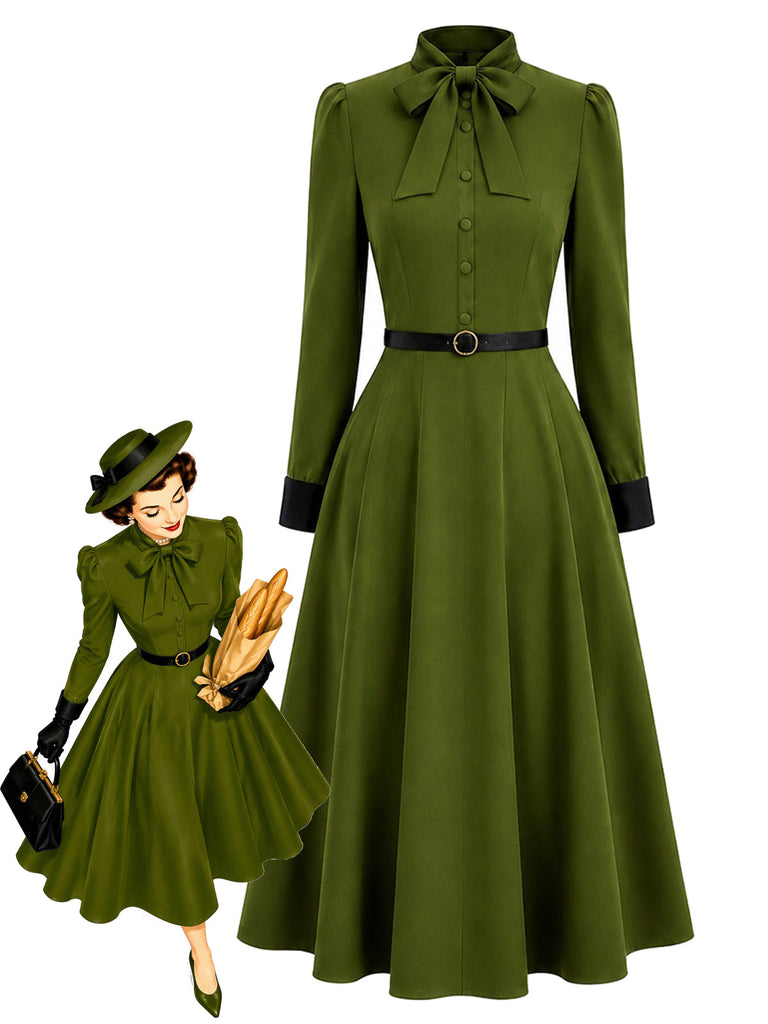 [Prévente] Robe verte ceinturée à nœud au col et poignets contrastants années 1940 - 1