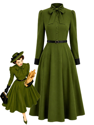 [Prévente] Robe verte ceinturée à nœud au col et poignets contrastants années 1940 - 1