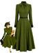 [Prévente] Robe verte ceinturée à nœud au col et poignets contrastants années 1940 - 1
