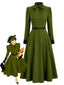 [Prévente] Robe verte ceinturée à nœud au col et poignets contrastants années 1940