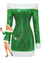 Robe Noël verte épaules dénudées ornée fausse fourrure blanche et paillettes années 1980