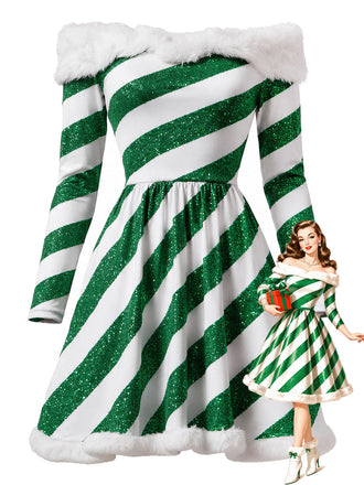 [Prévente] Robe Verte de Noël à Rayures Sucre d’Orge et Épaules Dénudées Années 1950 - 1
