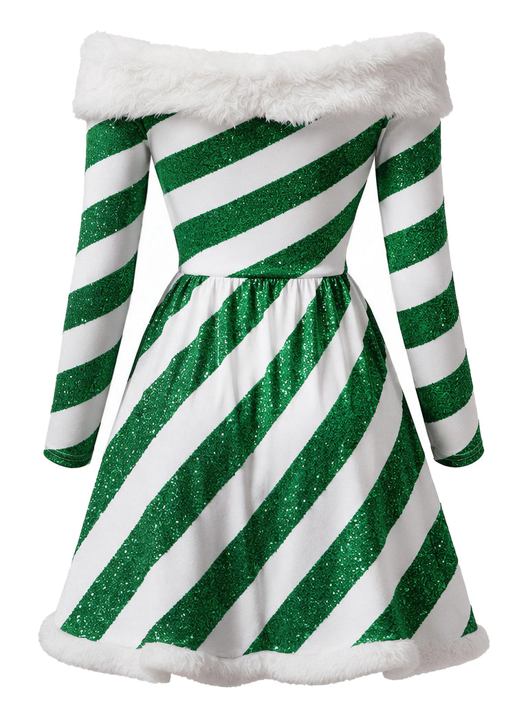 [Prévente] Robe Verte de Noël à Rayures Sucre d’Orge et Épaules Dénudées Années 1950 - 3