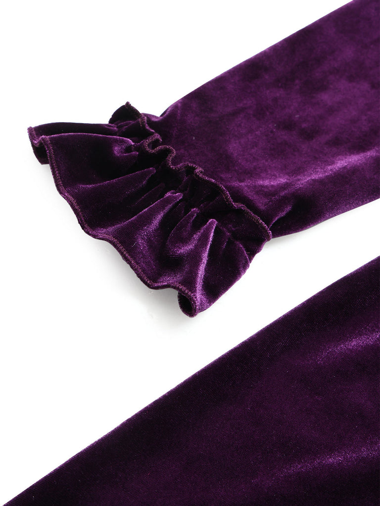 [Prévente] Robe violette en velours à volants, nœud et manches longues Années 1950 - 7