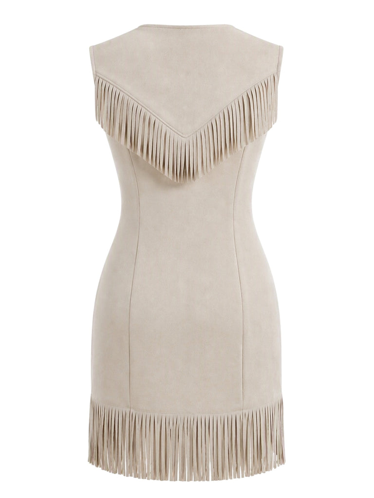 Robe western en suédine à col V zippé, clous et franges années 1970 - 10