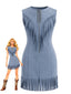 Robe zippée daim western col V agrémentée clous et franges années 1970