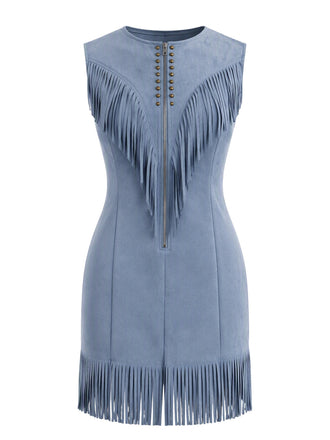 Robe western en suédine à col V zippé, clous et franges années 1970 - 2